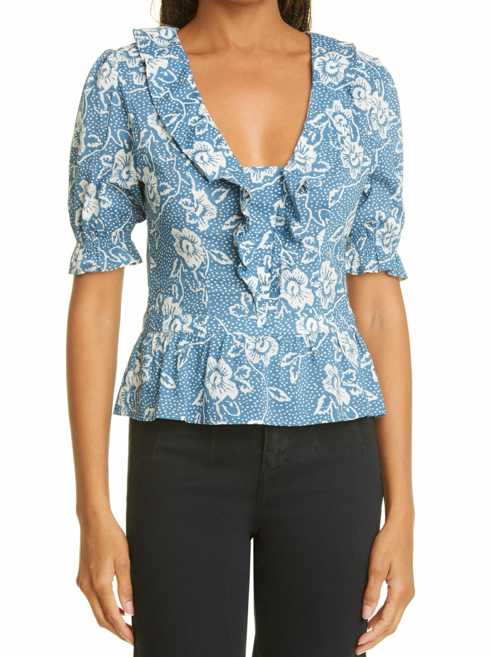PAIGE Blue Floral Ruffle Wrap Top Cotton Blend Peplum Size Medium